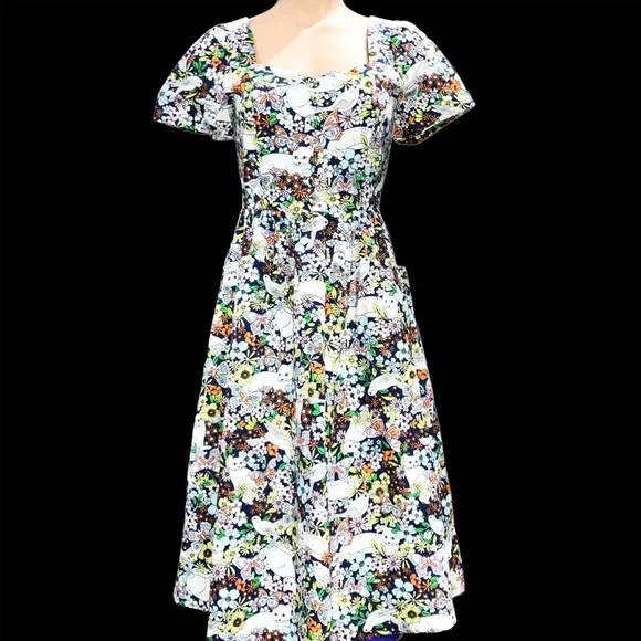 ModCloth Fit & Flare Midi Dress Retro 50s Blue Whimsical Floral Cat Cotton Sz 0 - Picture 2 of 8